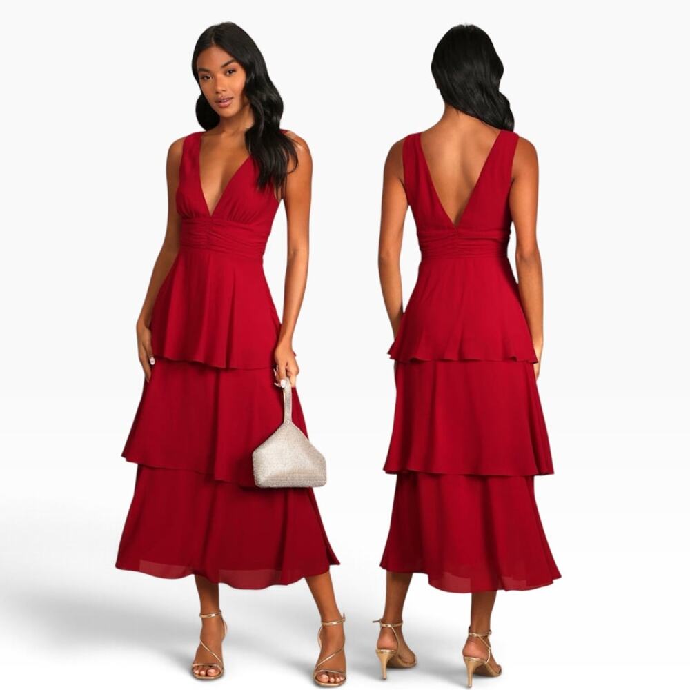 Lulus Celebration Time Red Sleeveless Tiered Midi Dress size Medium NWT